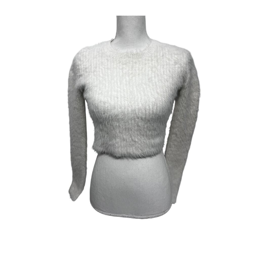 Zara Ivory Eyelash Faux Fur Cropped Knit Sweater Top Small Stretch